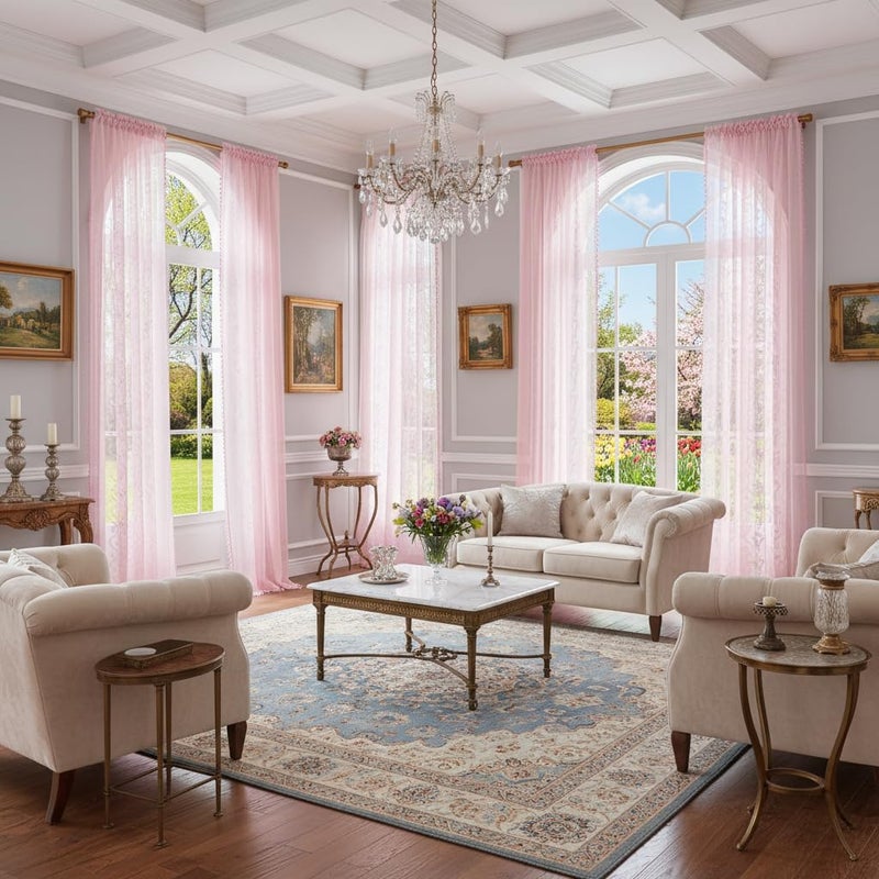 WAZZIO Baby Pink Sheer Curtains for Girls Bedroom Living Room & Nursery 2 Panels 84 Inches Long- Delicate Floral Lace & Tassel Trim Rod Pocket Drapes Light Filtering Privacy Window Curtain,Light Pink - Image 5