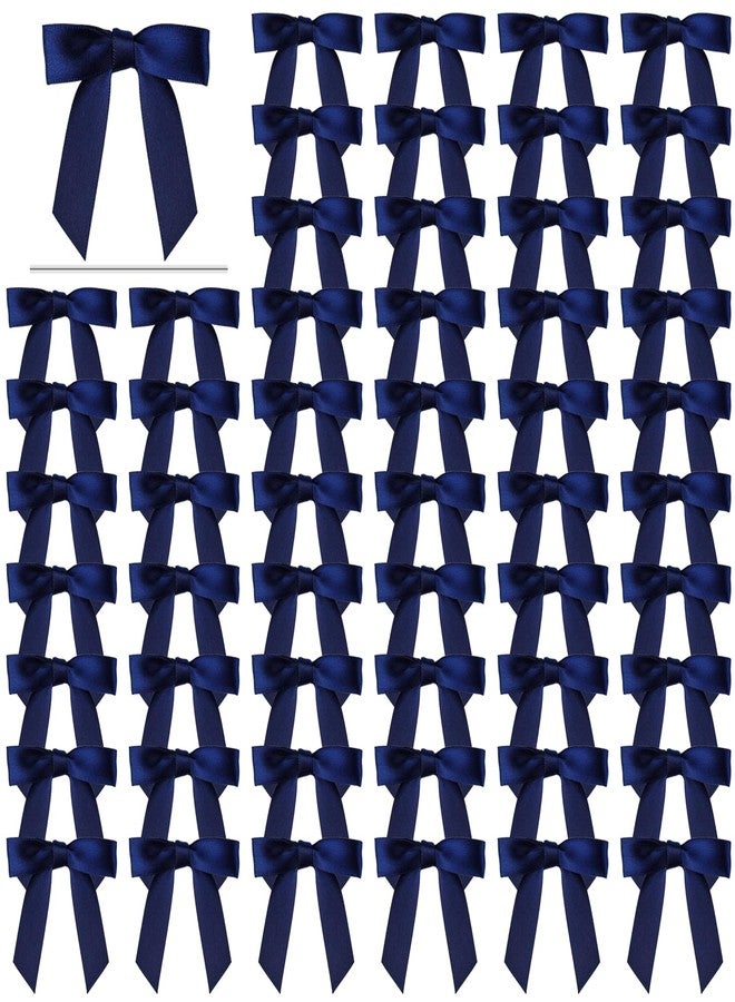 Resflyar 60 Pack Twist Tie Bows for Treat Bags, 2.76" Navy Blue Satin Ribbon Bows Premade Craft Bows for Christmas Craft Gift Wrapping Birthday Cake Cookie Candy Baking Wedding Baby Shower Thanksgiving Decor - Image 1
