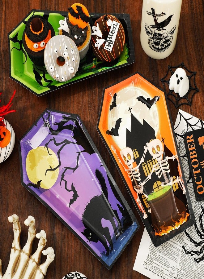 Whaline صحون ورقية هالوين من واهلين 24 قطعة 4 تصاميم على شكل تابوت صحون قابلة للتصرف قطة سوداء خفاش ساحرة هيكل عظمي أدوات مائدة لحفلات الزينة، 9.8 × 5.9 بوصة - Image 5