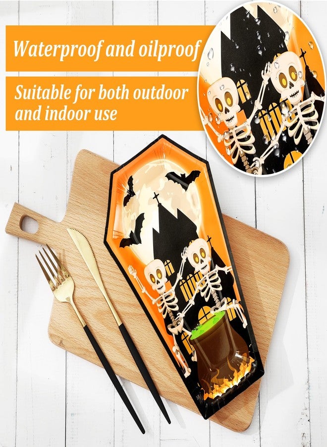 Whaline صحون ورقية هالوين من واهلين 24 قطعة 4 تصاميم على شكل تابوت صحون قابلة للتصرف قطة سوداء خفاش ساحرة هيكل عظمي أدوات مائدة لحفلات الزينة، 9.8 × 5.9 بوصة - Image 3