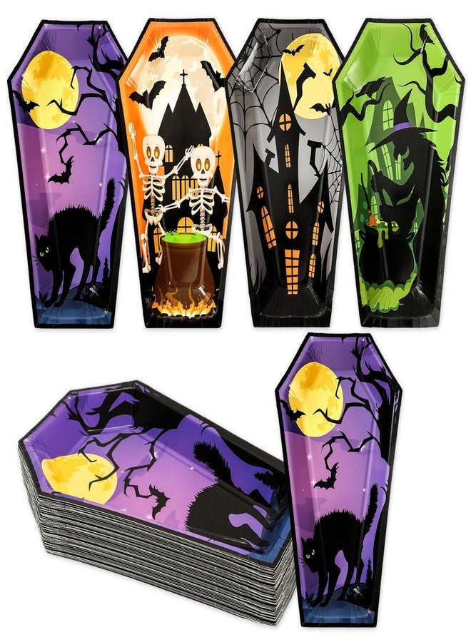 Whaline صحون ورقية هالوين من واهلين 24 قطعة 4 تصاميم على شكل تابوت صحون قابلة للتصرف قطة سوداء خفاش ساحرة هيكل عظمي أدوات مائدة لحفلات الزينة، 9.8 × 5.9 بوصة - Image 1