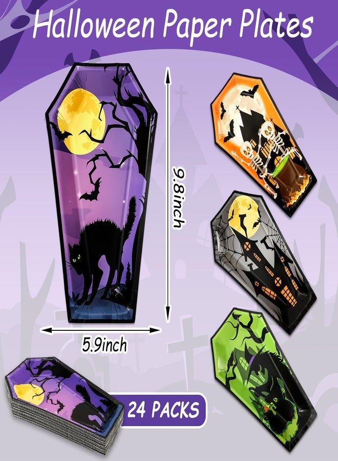 Whaline صحون ورقية هالوين من واهلين 24 قطعة 4 تصاميم على شكل تابوت صحون قابلة للتصرف قطة سوداء خفاش ساحرة هيكل عظمي أدوات مائدة لحفلات الزينة، 9.8 × 5.9 بوصة - Image 2