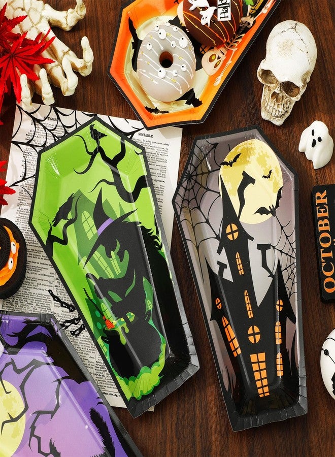 Whaline صحون ورقية هالوين من واهلين 24 قطعة 4 تصاميم على شكل تابوت صحون قابلة للتصرف قطة سوداء خفاش ساحرة هيكل عظمي أدوات مائدة لحفلات الزينة، 9.8 × 5.9 بوصة - Image 4