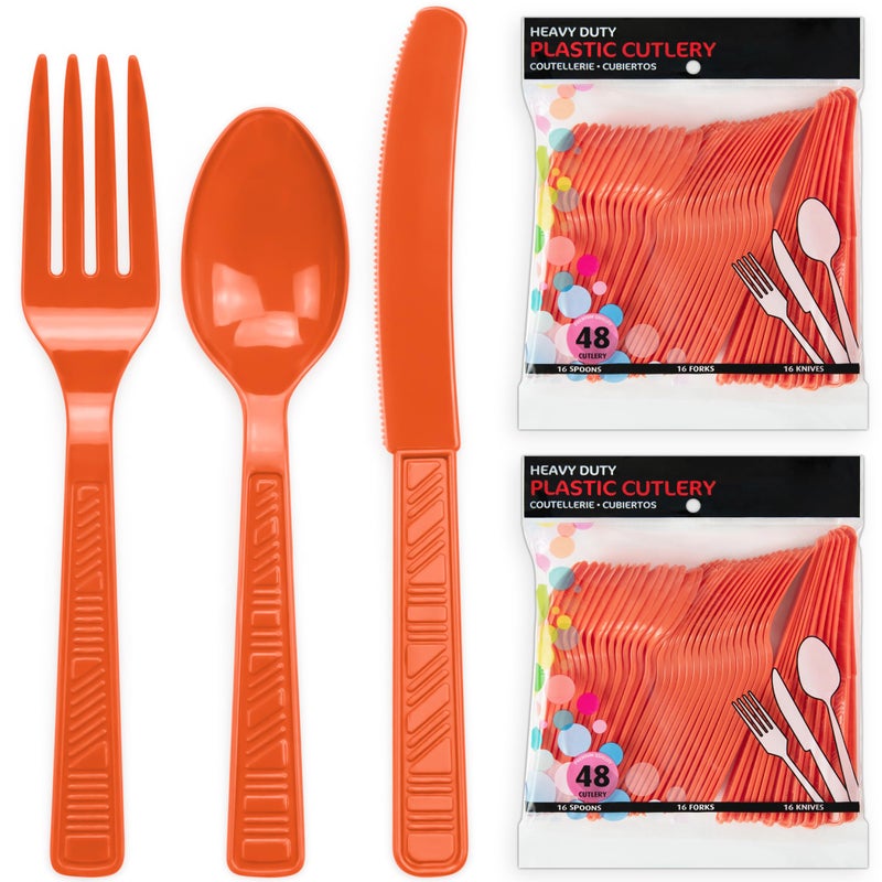 DecorRack Plastic Cutlery Set Orange Colored Plastic Silverware Sets for Parties 96 Piece Bulk Heavy Duty Utensils Orange 96 Pieces