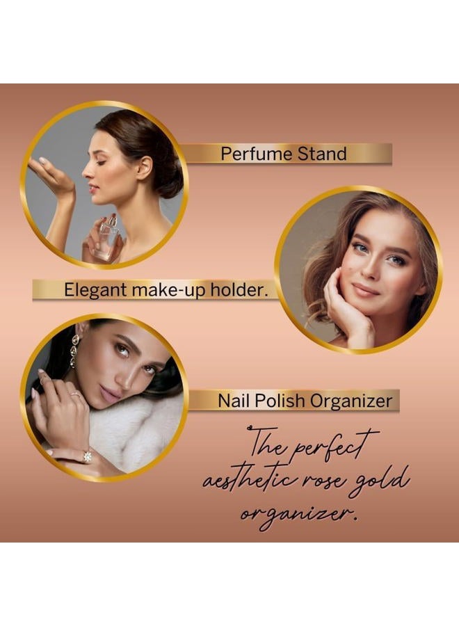 cleveaid منظم عطور، حامل عطور، منظم طلاء أظافر لزاوية التجميل، رف طلاء أظافر، قواعد عرض أكريليك، حامل باللون الوردي الذهبي - Image 2
