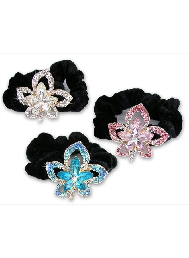 BANBERRY DESIGNS Jeweled Flower Black Elastic Hair Tie Scrunchies - Set of 3-1 with Clear, 1 with Pink and 1 with Blue Crystal Jewels - Hair Accessories for Long Hair - Image 1