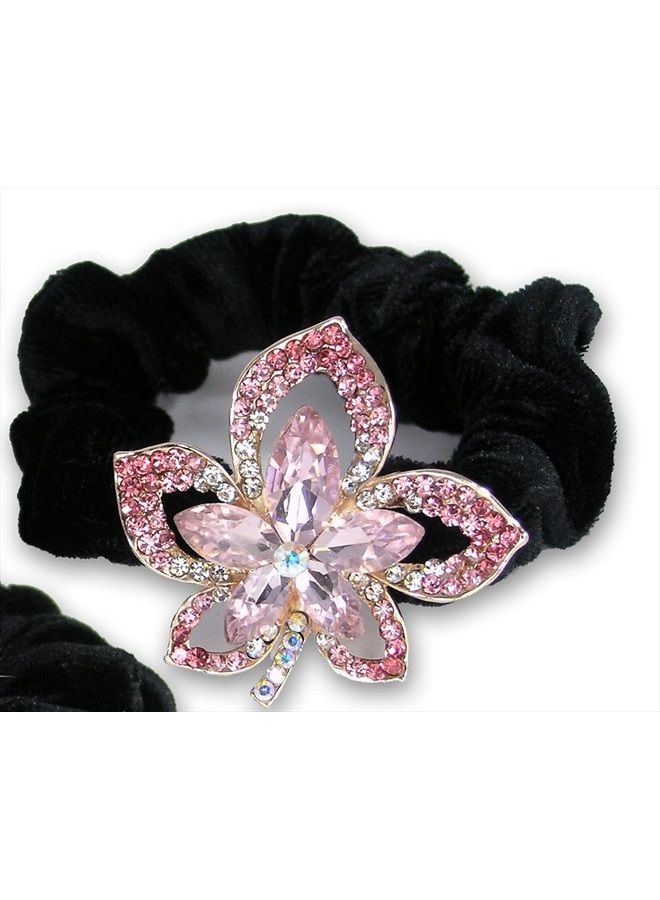 BANBERRY DESIGNS Jeweled Flower Black Elastic Hair Tie Scrunchies - Set of 3-1 with Clear, 1 with Pink and 1 with Blue Crystal Jewels - Hair Accessories for Long Hair - Image 3