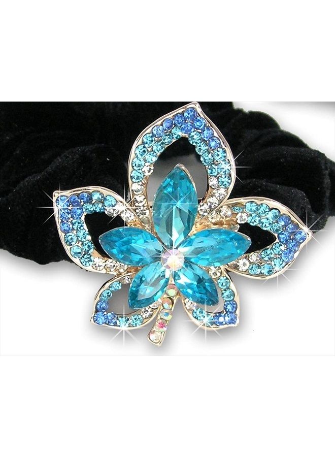 BANBERRY DESIGNS Jeweled Flower Black Elastic Hair Tie Scrunchies - Set of 3-1 with Clear, 1 with Pink and 1 with Blue Crystal Jewels - Hair Accessories for Long Hair - Image 4