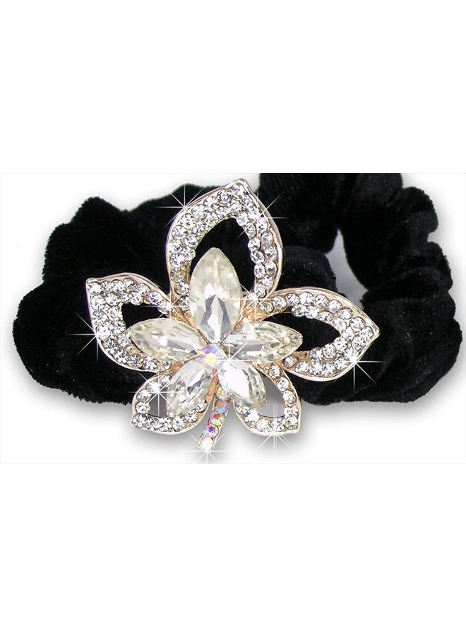 BANBERRY DESIGNS Jeweled Flower Black Elastic Hair Tie Scrunchies - Set of 3-1 with Clear, 1 with Pink and 1 with Blue Crystal Jewels - Hair Accessories for Long Hair - Image 2