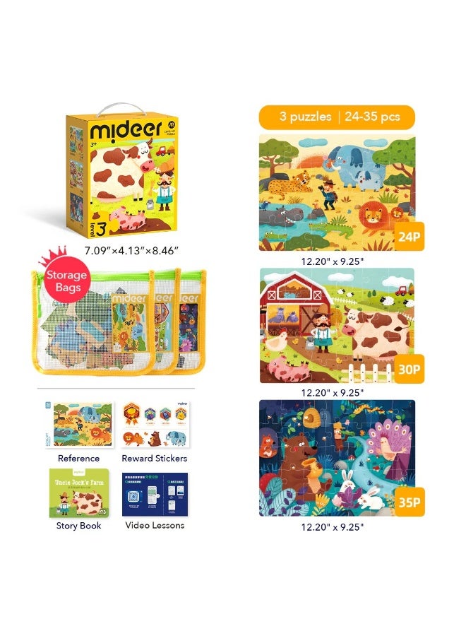 MiDeer Level Up Natural Scenery Puzzle Set with Storage Bag Level 3, 3 Progressive Jigsaw Puzzles for Kids 3+, 24-35 Piece Educational Animal & Nature Puzzle Game for Cognitive Learning - Image 1
