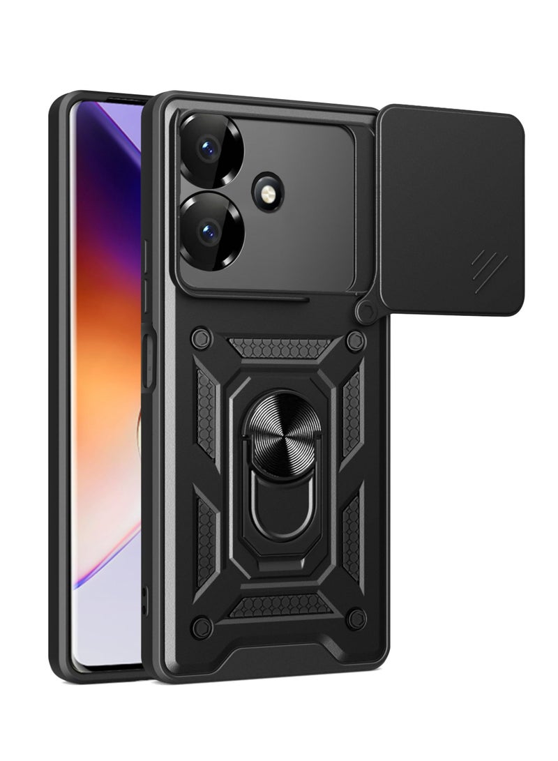 Case Cover for Realme Note 60 4G, Slide Camera Lens Cover + 360°Rotating Kickstand Ring + Support Magnetic Car Mount Shockproof Mobile Phone Case For Realme Note 60 4G, Black - Image 1
