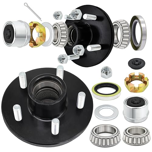 TiciKim 2 Sets Trailer Hub Kit 5 Bolt 4.5 for 3500 lb Trailer Axle Bearing Kit Boat Trailer Hub 5 Lug with Extra Trailer Dust Caps and Rubber Plugs for #84 Spindle 1-1/16'' to 1-3/8" Trailer Axles - Image 1