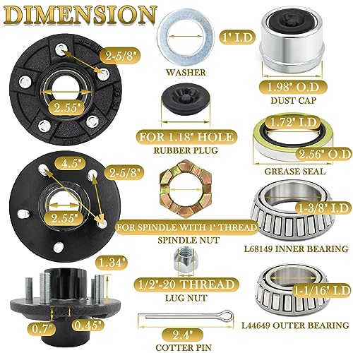 TiciKim 2 Sets Trailer Hub Kit 5 Bolt 4.5 for 3500 lb Trailer Axle Bearing Kit Boat Trailer Hub 5 Lug with Extra Trailer Dust Caps and Rubber Plugs for #84 Spindle 1-1/16'' to 1-3/8" Trailer Axles - Image 2