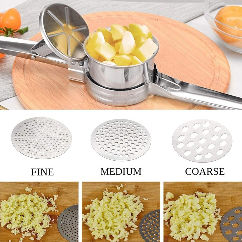 we3 Potato Ricer Masher Heavy Duty Food Presser for Potatoes Purple Potato Pumpkin Lemon Fruit Juice with 3 Pieces Replaceable Ricing Discs for Coarse Fine Ricing - Image 4