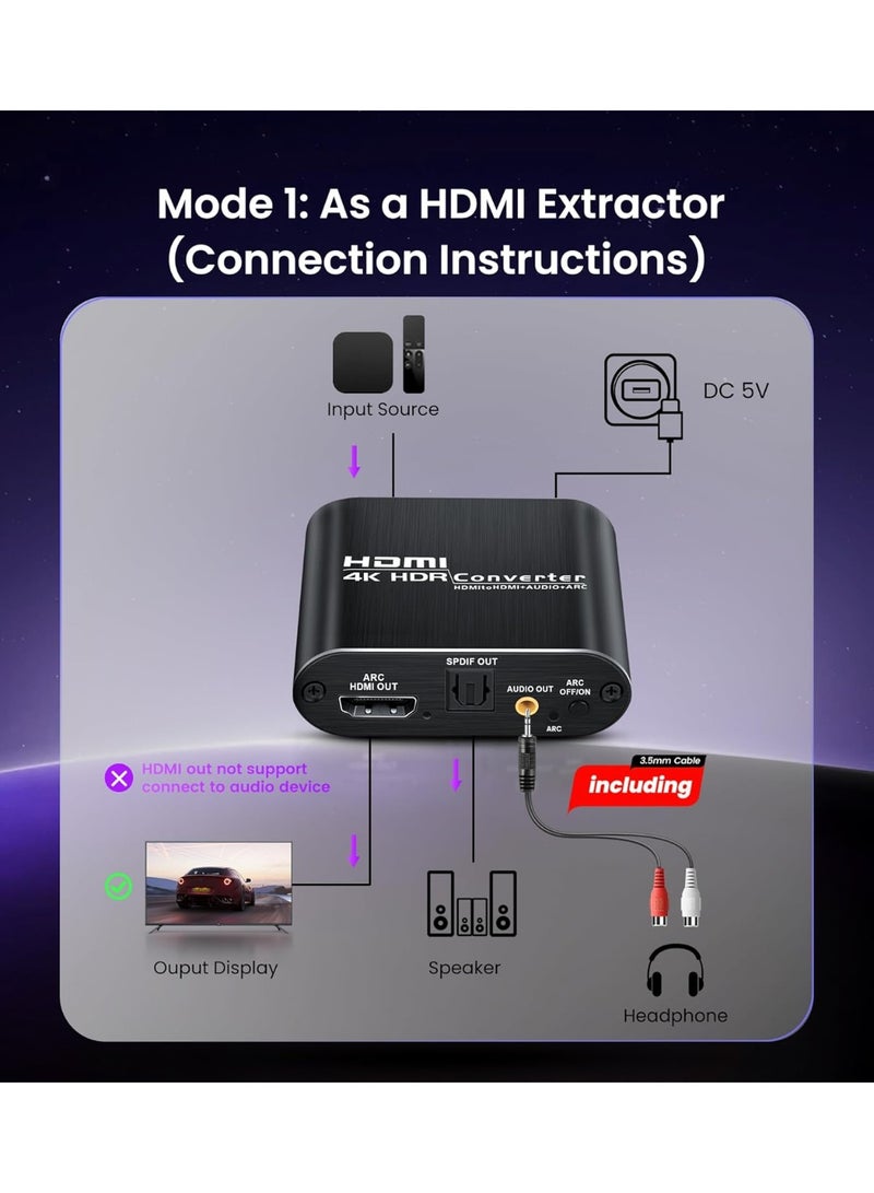 HDMI ARC Audio Extractor 4K@60Hz, HDMI to HDMI + Optical Toslink SPDIF + 3.5mm AUX Stereo, Audio Converter Splitter & Embedder, Supports HDCP2.2, PCM, DTS 5.1, Dolby Digital - Image 3