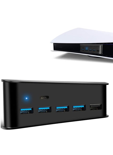 5-Port USB Hub for PS5 - High-Speed USB 3.0 Expansion Adapter with Type-C Compatibility for PlayStation 5 Console, Perfect for Gaming Accessories and Charging.