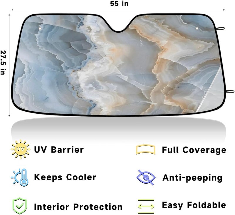 Abstract Marble Foldable Car Windshield Sun Shade, Lightweight Front Window Cover with Suction Cups, UV Block for Interior Protection, Portable, White Yellow - Image 3