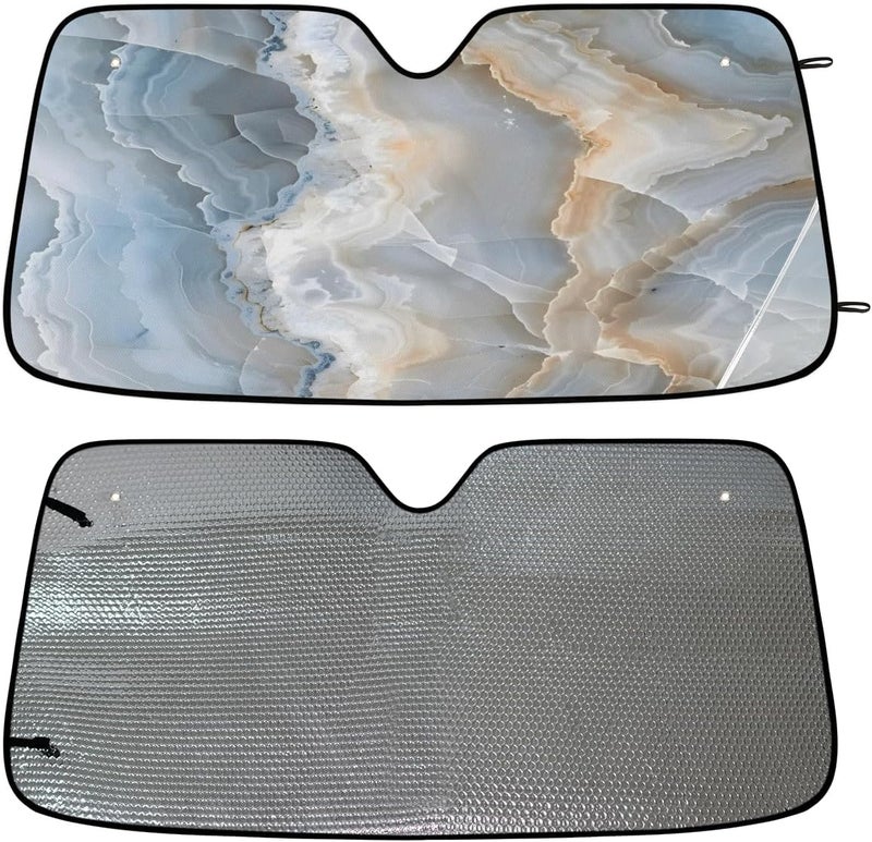 Abstract Marble Foldable Car Windshield Sun Shade, Lightweight Front Window Cover with Suction Cups, UV Block for Interior Protection, Portable, White Yellow - Image 4