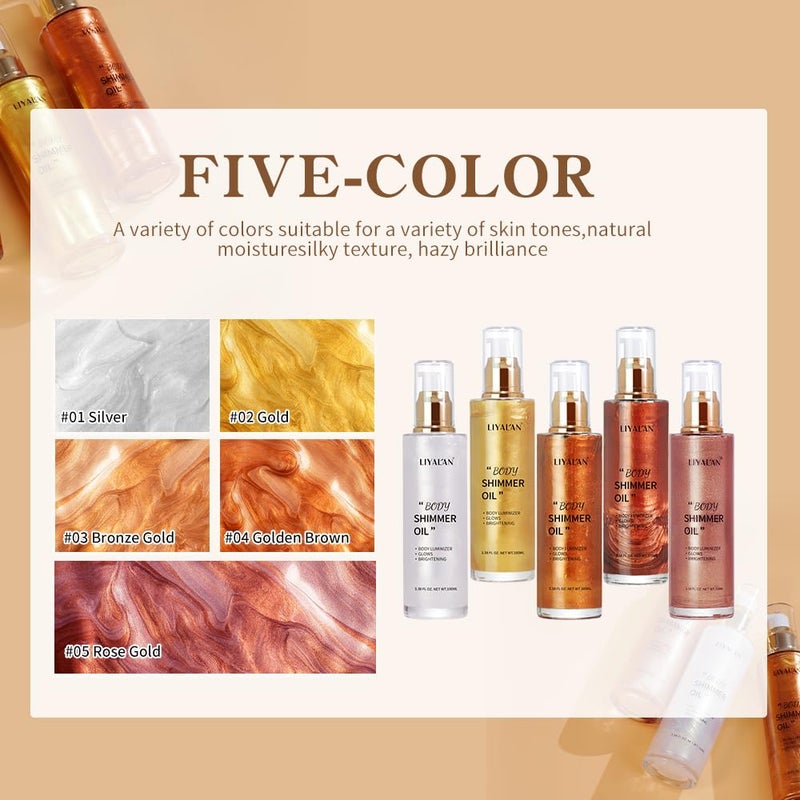 Liyalan Shimmer Body Oil Rose Gold 5 Color Bronze Face Glow Pearl Highlighter Illuminator body Makeup Shine Glitter Gold Liquid Taning 3.38 Fl Oz - Image 5