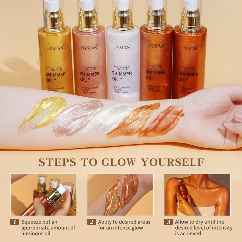 Liyalan Shimmer Body Oil Rose Gold 5 Color Bronze Face Glow Pearl Highlighter Illuminator body Makeup Shine Glitter Gold Liquid Taning 3.38 Fl Oz - Image 3