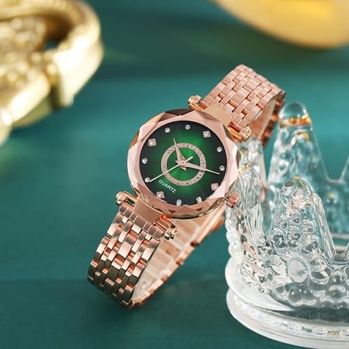 Reginald Women Watches with Bracelet Rose Gold for Lady Elegant Stainless Steel Strap Fashion Analog Creative Diamond Dial Wrist Watch (Green 2) - Image 4