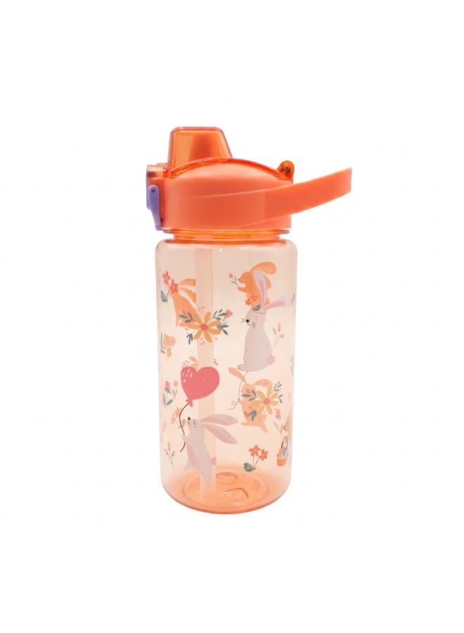 Beram Kids Plastic Water Bottle 600ml – BPA Free Leak Proof Drinking Bottle with Flip Lock Lid  Cute Cartoon Design Lightweight School Water Bottle for Boys & Girls Orange - Image 1