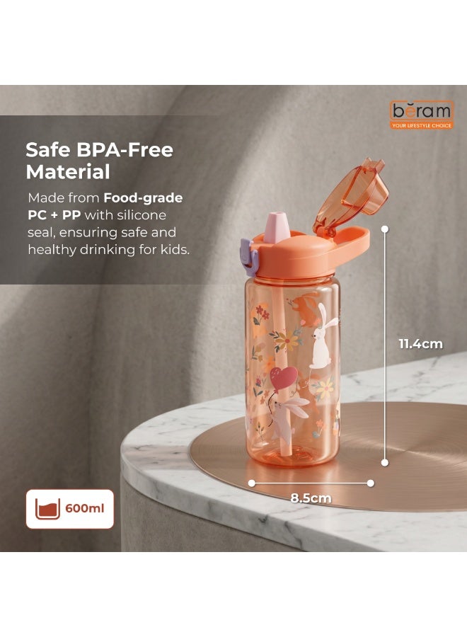 Beram Kids Plastic Water Bottle 600ml – BPA Free Leak Proof Drinking Bottle with Flip Lock Lid  Cute Cartoon Design Lightweight School Water Bottle for Boys & Girls Orange - Image 2