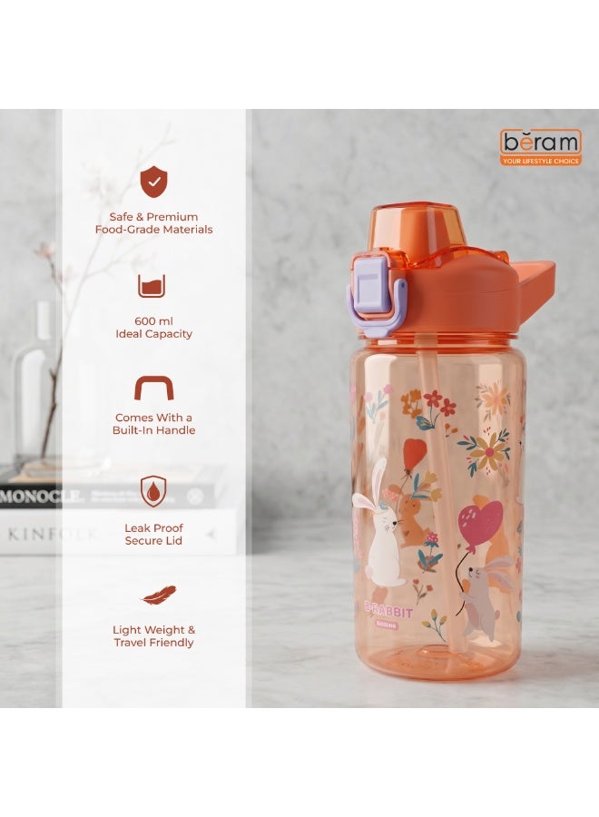 Beram Kids Plastic Water Bottle 600ml – BPA Free Leak Proof Drinking Bottle with Flip Lock Lid  Cute Cartoon Design Lightweight School Water Bottle for Boys & Girls Orange - Image 3