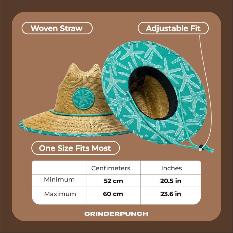 grinderPUNCH Lifeguard Hat Mens Straw Sun Hat for Beach, Outdoor, and Travel | UPF 50+ Sun Protection | Wide Brim Straw Beach Hat | Classic Sun Hat for Men and Women (Teal Starfish) - Image 5