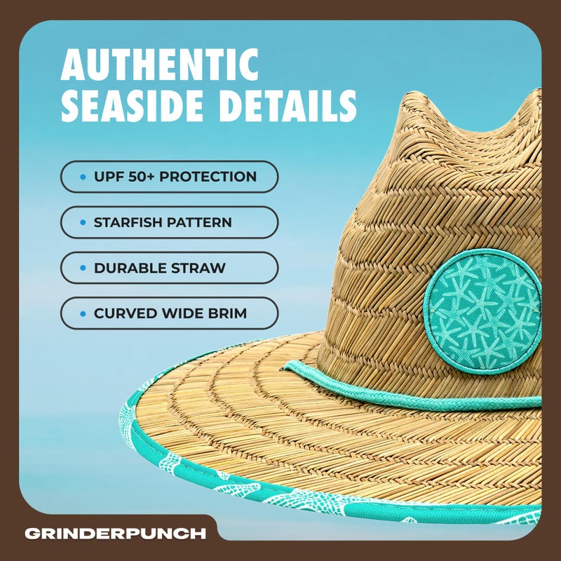 grinderPUNCH Lifeguard Hat Mens Straw Sun Hat for Beach, Outdoor, and Travel | UPF 50+ Sun Protection | Wide Brim Straw Beach Hat | Classic Sun Hat for Men and Women (Teal Starfish) - Image 3