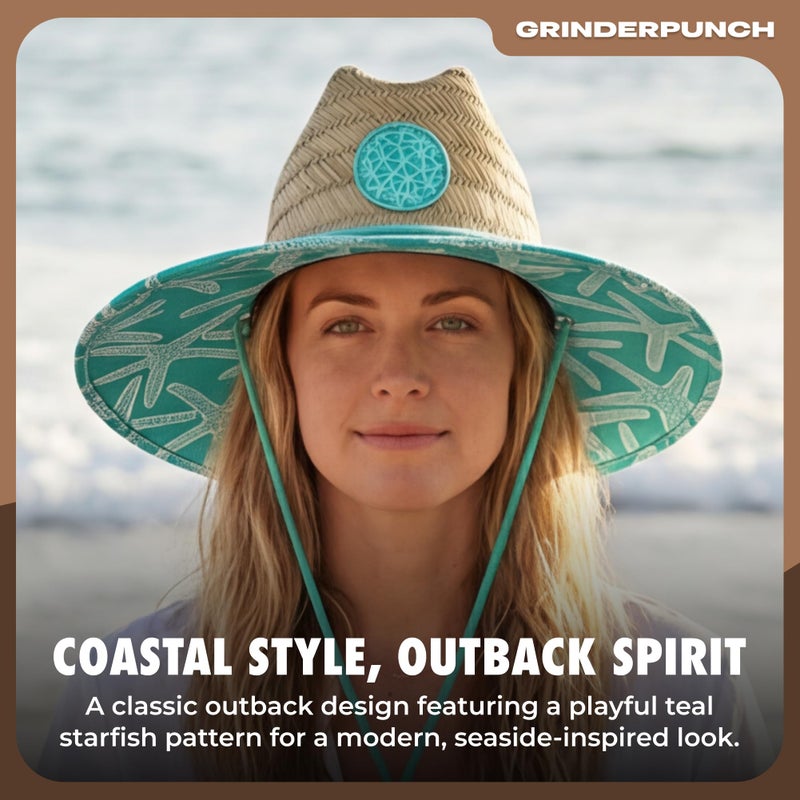 grinderPUNCH Lifeguard Hat Mens Straw Sun Hat for Beach, Outdoor, and Travel | UPF 50+ Sun Protection | Wide Brim Straw Beach Hat | Classic Sun Hat for Men and Women (Teal Starfish) - Image 2