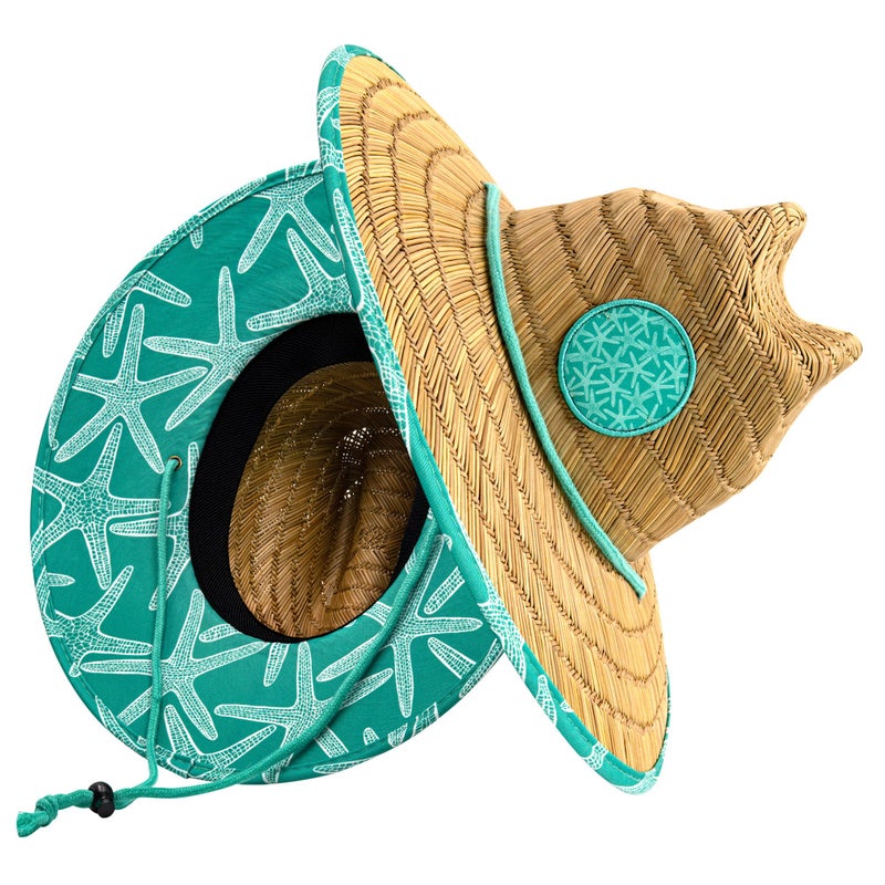 grinderPUNCH Lifeguard Hat Mens Straw Sun Hat for Beach, Outdoor, and Travel | UPF 50+ Sun Protection | Wide Brim Straw Beach Hat | Classic Sun Hat for Men and Women (Teal Starfish) - Image 1