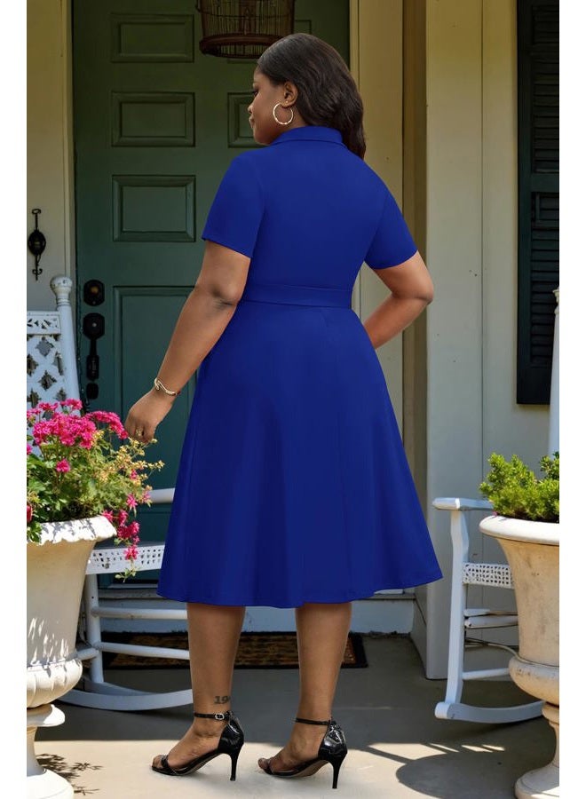 FANDEE Plus Size Dresses, Women Summer Casual V Neck Short Sleeve A-Line Work Cocktail Shirt Midi Dress with Belt and Pockets, Royal Blue, XXL - Image 5