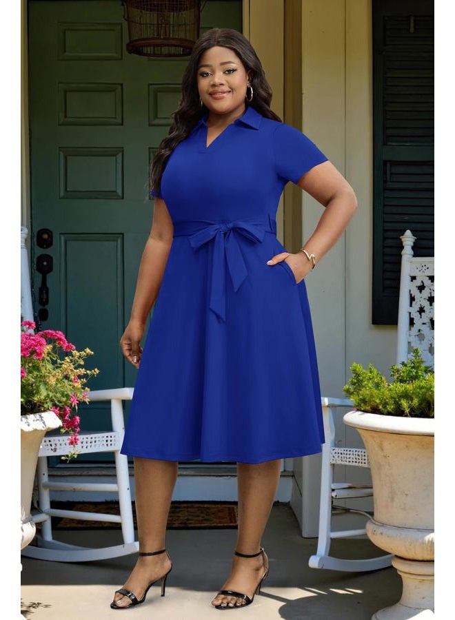 FANDEE Plus Size Dresses, Women Summer Casual V Neck Short Sleeve A-Line Work Cocktail Shirt Midi Dress with Belt and Pockets, Royal Blue, XXL - Image 3