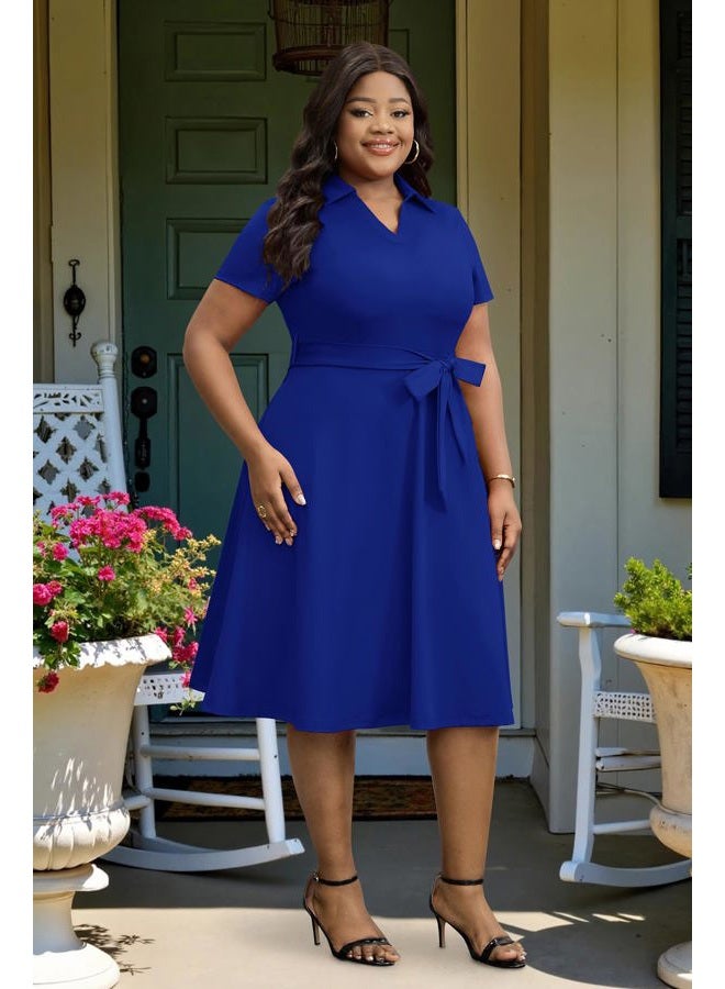 FANDEE Plus Size Dresses, Women Summer Casual V Neck Short Sleeve A-Line Work Cocktail Shirt Midi Dress with Belt and Pockets, Royal Blue, XXL - Image 4