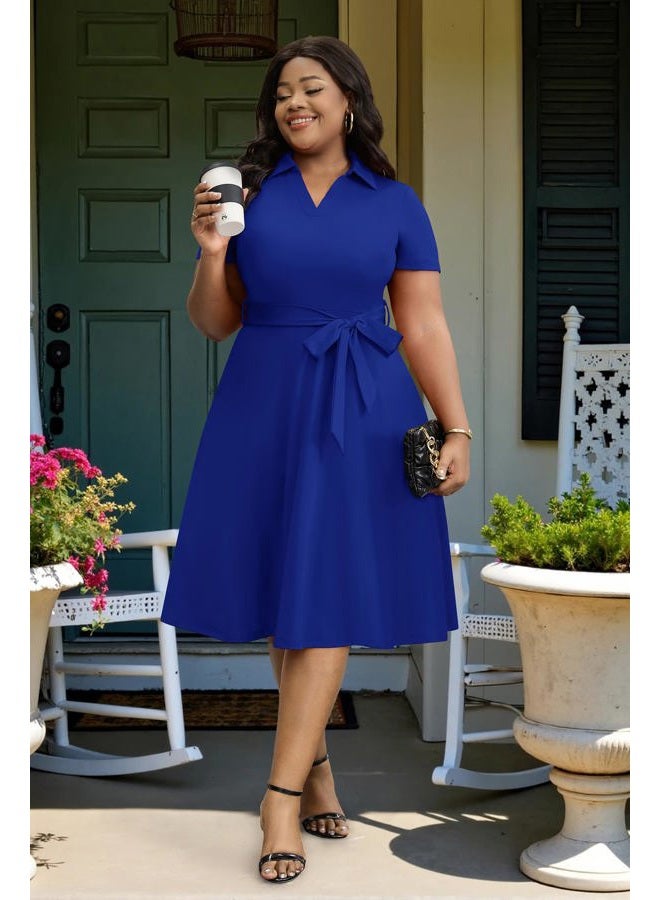 FANDEE Plus Size Dresses, Women Summer Casual V Neck Short Sleeve A-Line Work Cocktail Shirt Midi Dress with Belt and Pockets, Royal Blue, XXL - Image 2