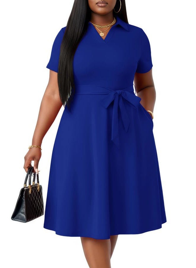 FANDEE Plus Size Dresses, Women Summer Casual V Neck Short Sleeve A-Line Work Cocktail Shirt Midi Dress with Belt and Pockets, Royal Blue, XXL - Image 1