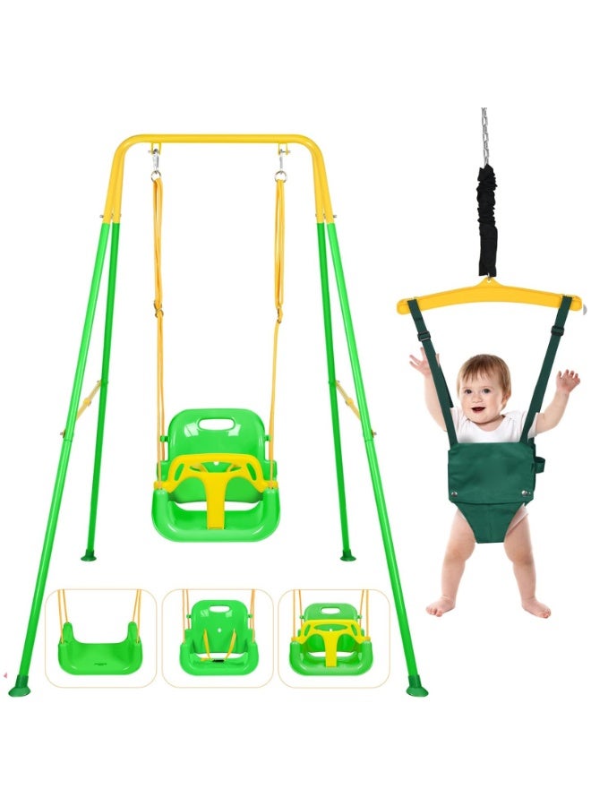 LIODUX 4-in-1 Baby Swing Set and Jumper, Foldable Metal Porch Swings Stand, Heavy Duty Kids Swing Stand, Maximum Weight 90KG, Easy to Assemble, Kids Bouncer for Indoor & Outdoor Playground, Green - Image 1