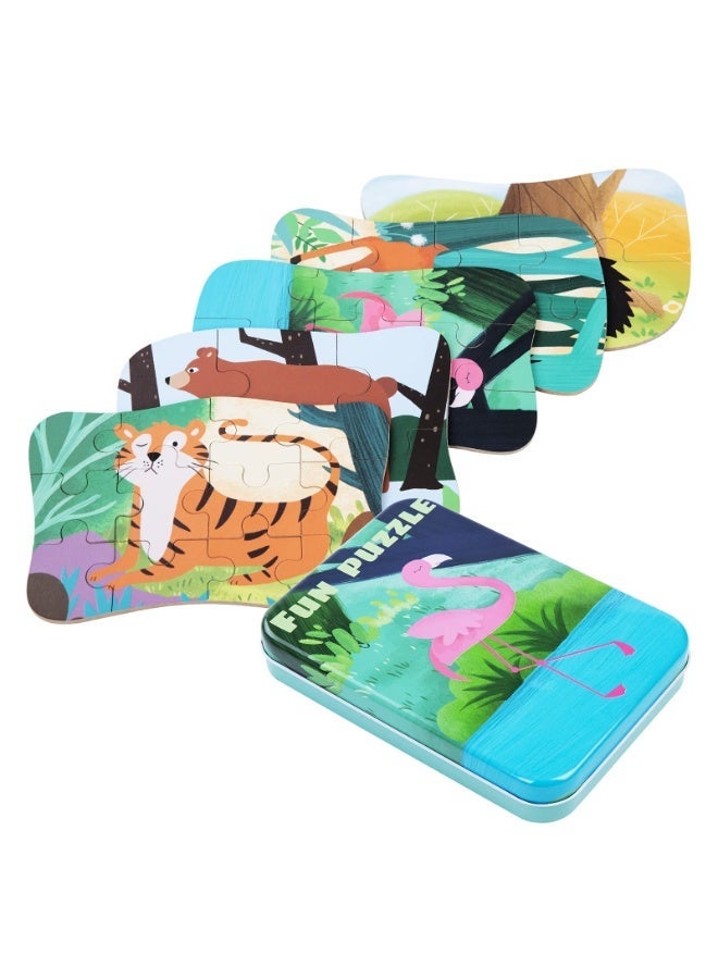 Bukela Children’s Wooden Puzzle Toy – Tin Box, Five-in-One Flamingo Design, Brain Teaser for Kids - Image 1