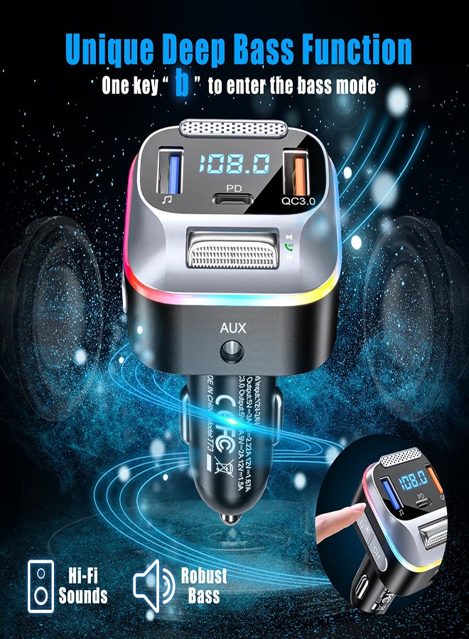 Car FM Transmitter Bluetooth 5.0 PD+QC3.0 Car Charger AUX Bluetooth Radio Music Adapter Wireless Big Microphone & HiFi Bass Sound Cigarette Lighter Supports Hands-Free Siri Google Assistant