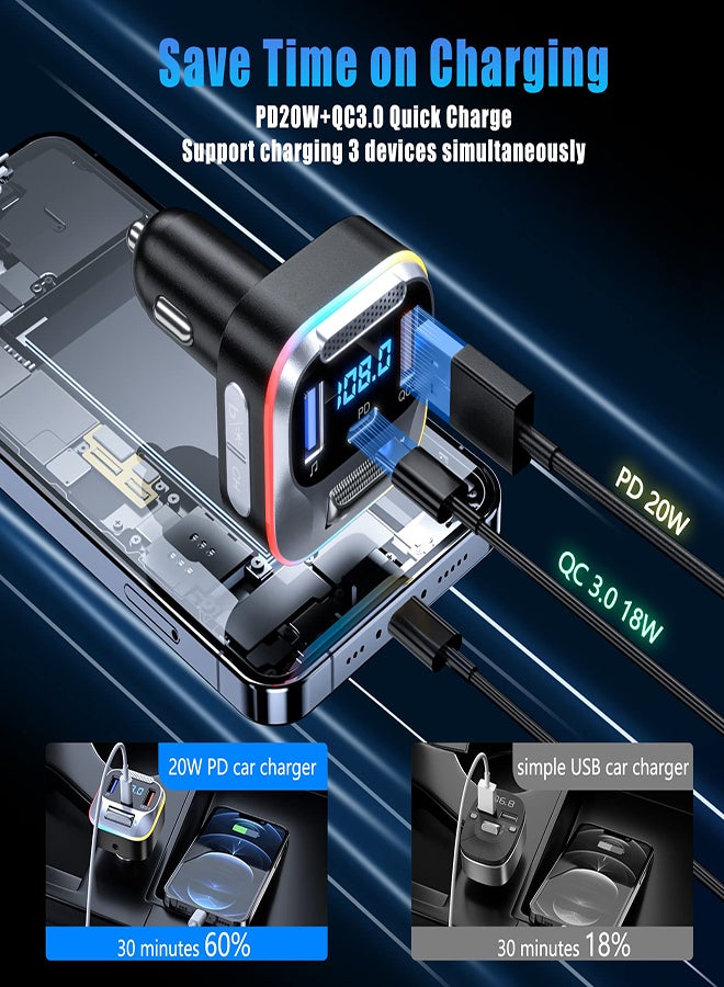Car FM Transmitter Bluetooth 5.0 PD+QC3.0 Car Charger AUX Bluetooth Radio Music Adapter Wireless Big Microphone & HiFi Bass Sound Cigarette Lighter Supports Hands-Free Siri Google Assistant
