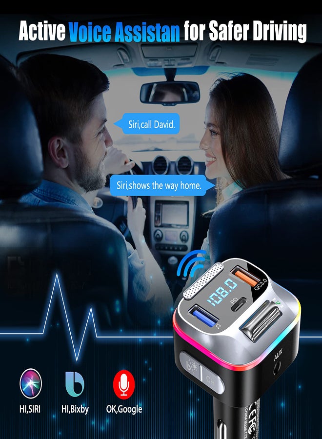 Car FM Transmitter Bluetooth 5.0 PD+QC3.0 Car Charger AUX Bluetooth Radio Music Adapter Wireless Big Microphone & HiFi Bass Sound Cigarette Lighter Supports Hands-Free Siri Google Assistant