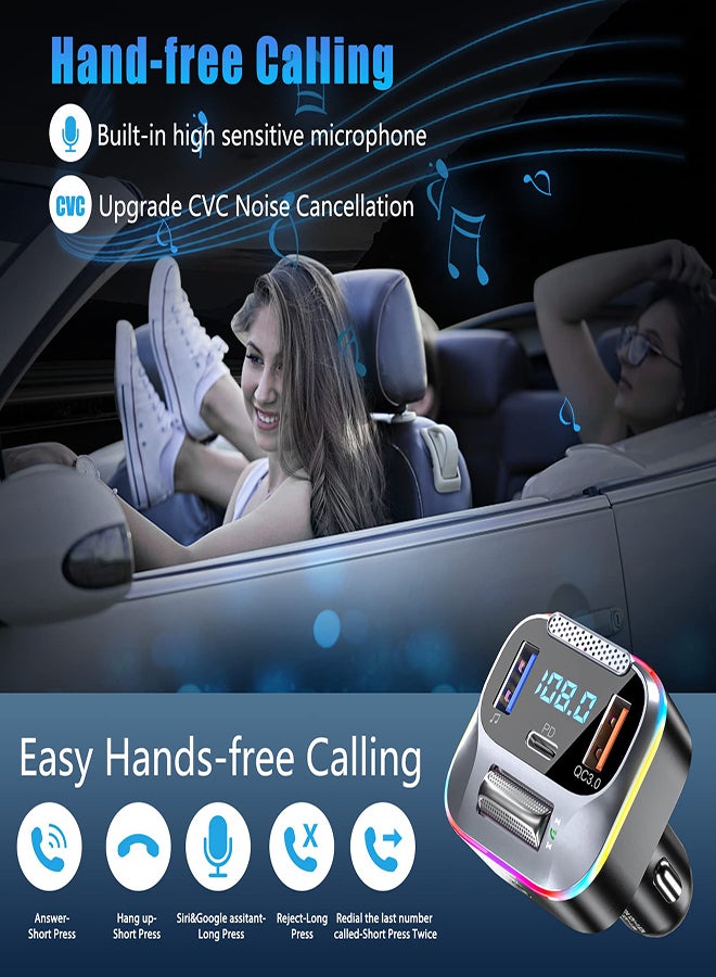 Car FM Transmitter Bluetooth 5.0 PD+QC3.0 Car Charger AUX Bluetooth Radio Music Adapter Wireless Big Microphone & HiFi Bass Sound Cigarette Lighter Supports Hands-Free Siri Google Assistant