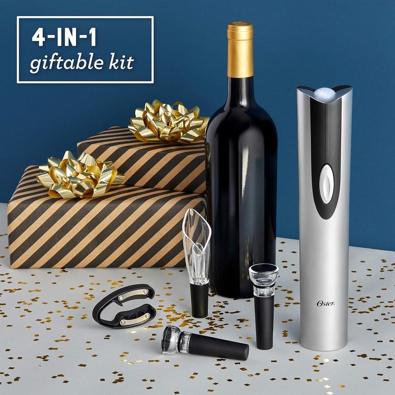 Oster Electric Wine Opener, Foil Cutter, Wine Pourer and Vacuum Wine Stoppers with CorkScrew and Charging Base, Black - Image 2