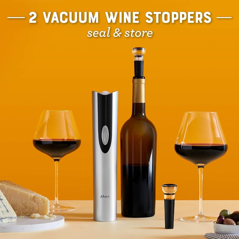 Oster Electric Wine Opener, Foil Cutter, Wine Pourer and Vacuum Wine Stoppers with CorkScrew and Charging Base, Black - Image 4