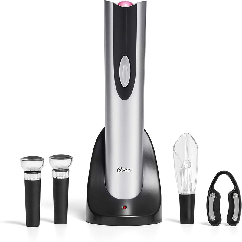 Oster Electric Wine Opener, Foil Cutter, Wine Pourer and Vacuum Wine Stoppers with CorkScrew and Charging Base, Black - Image 1