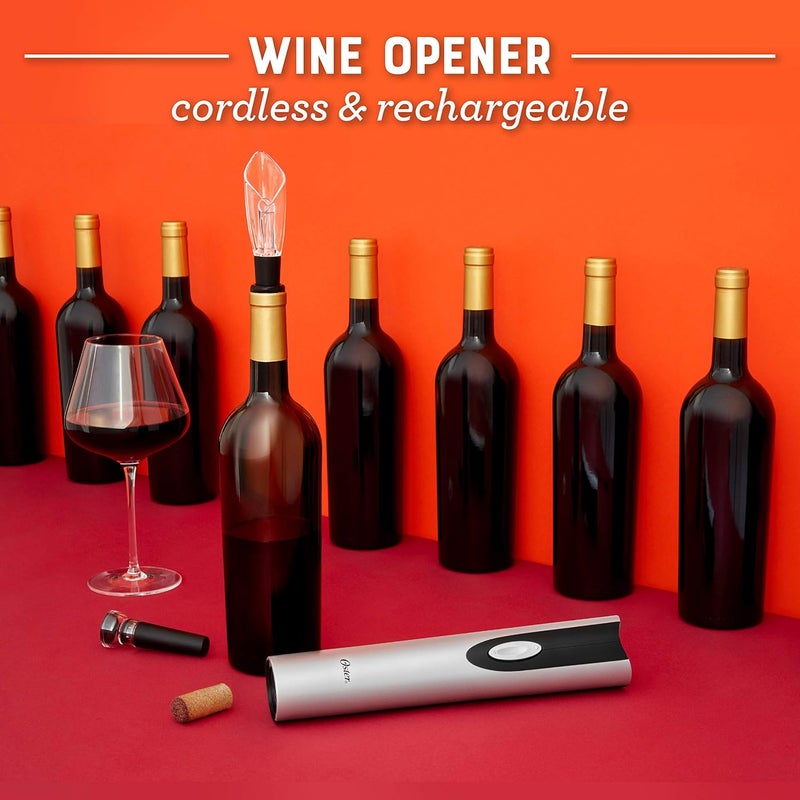 Oster Electric Wine Opener, Foil Cutter, Wine Pourer and Vacuum Wine Stoppers with CorkScrew and Charging Base, Black - Image 3