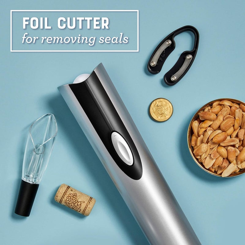 Oster Electric Wine Opener, Foil Cutter, Wine Pourer and Vacuum Wine Stoppers with CorkScrew and Charging Base, Black - Image 5