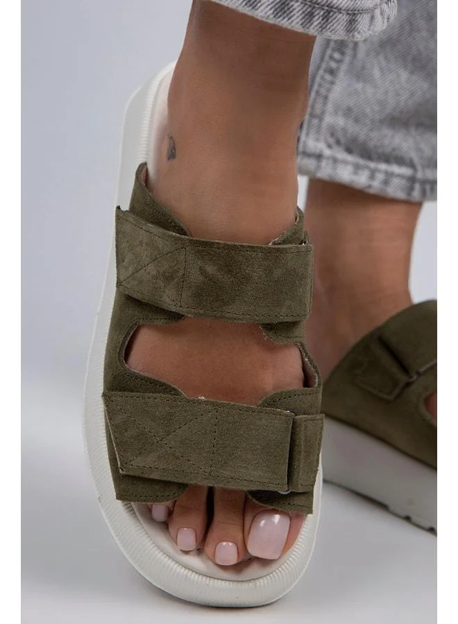Farah Women's Genuine Leather Double strap Çağla Green Suede - White Slipper.