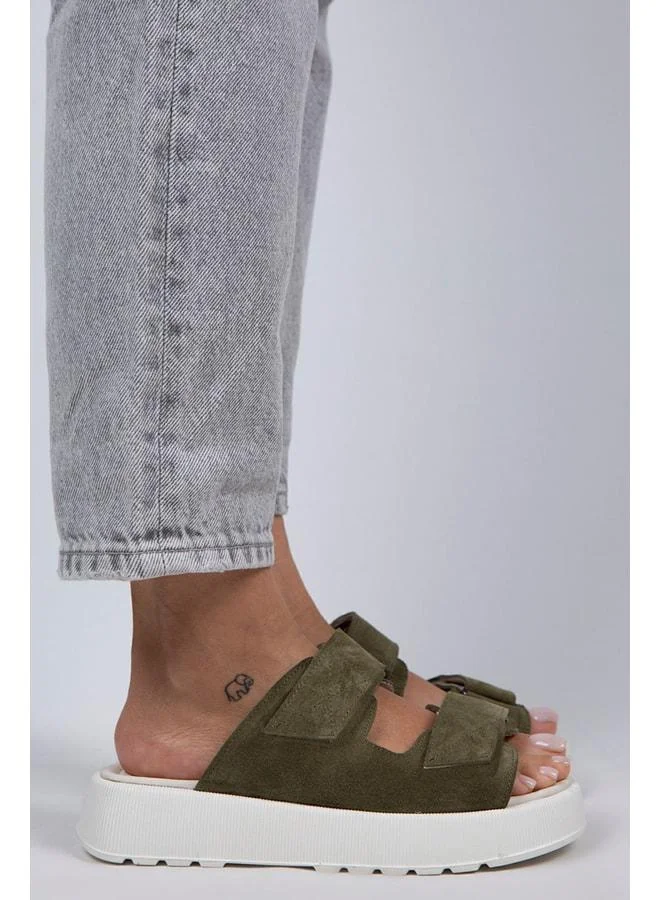 Manijero  Farah Women's Genuine Leather Double strap Çağla Green Suede - White Slipper. for Women | Best Price UAE